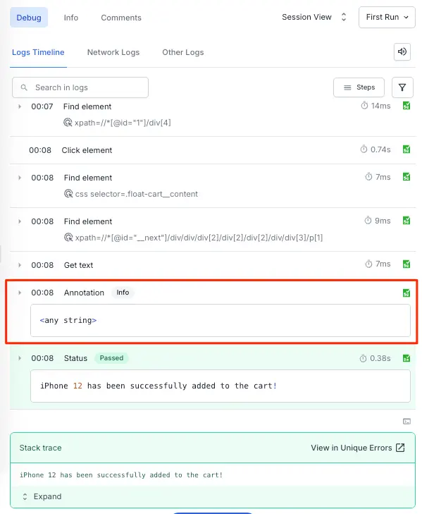 Image showing console annotation after test completion on BrowserStack Automate