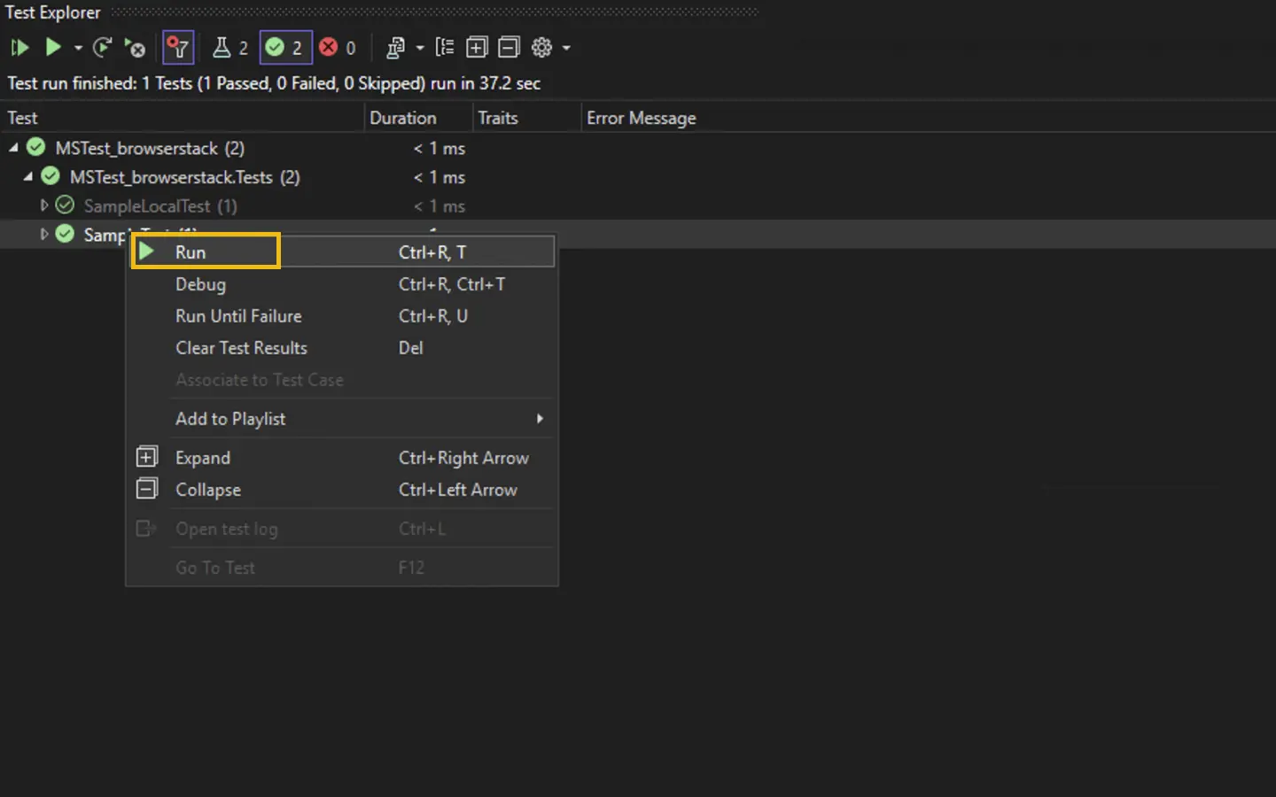 Run test suite using VS code