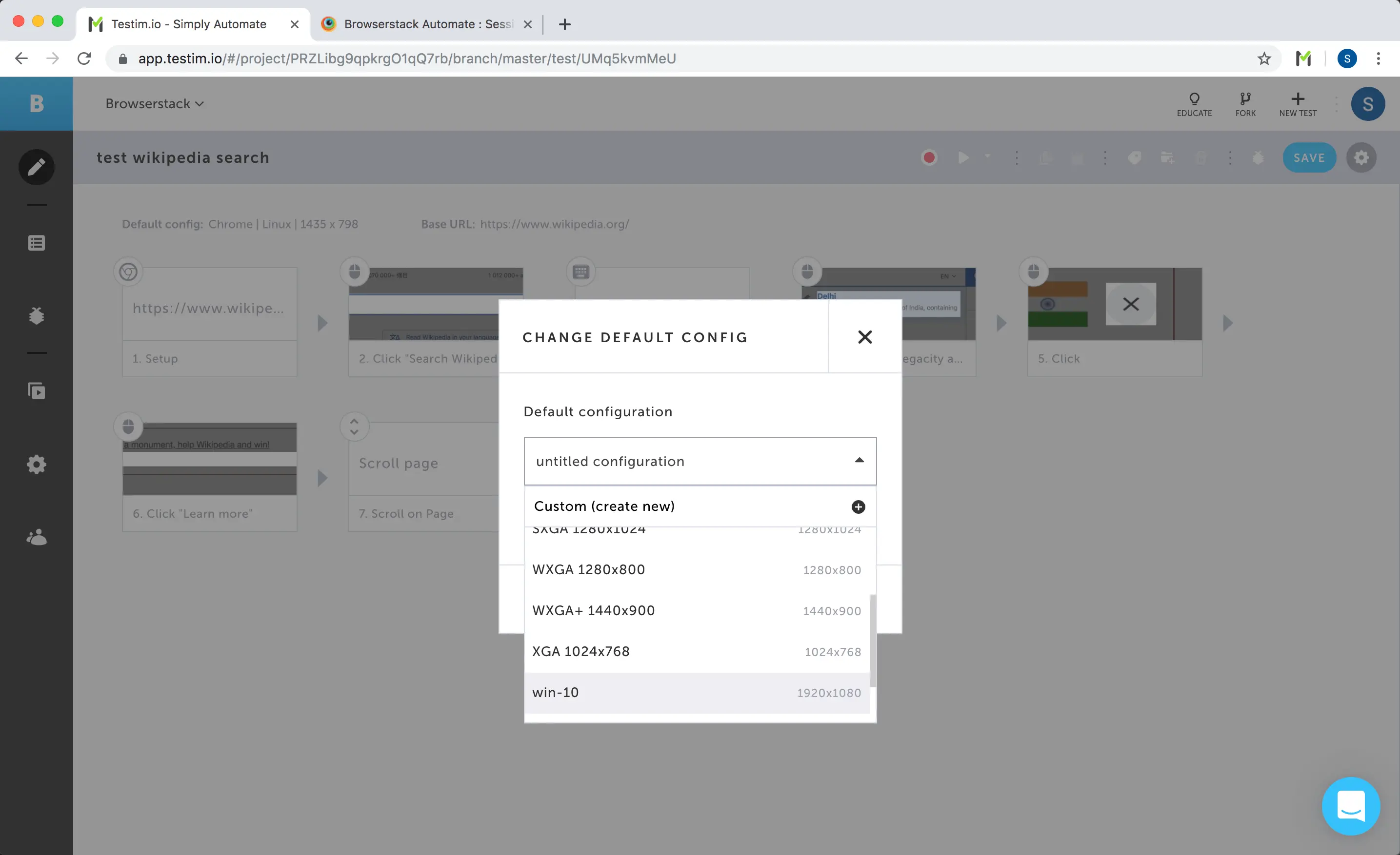 Testim Configuration Selection Dropdown