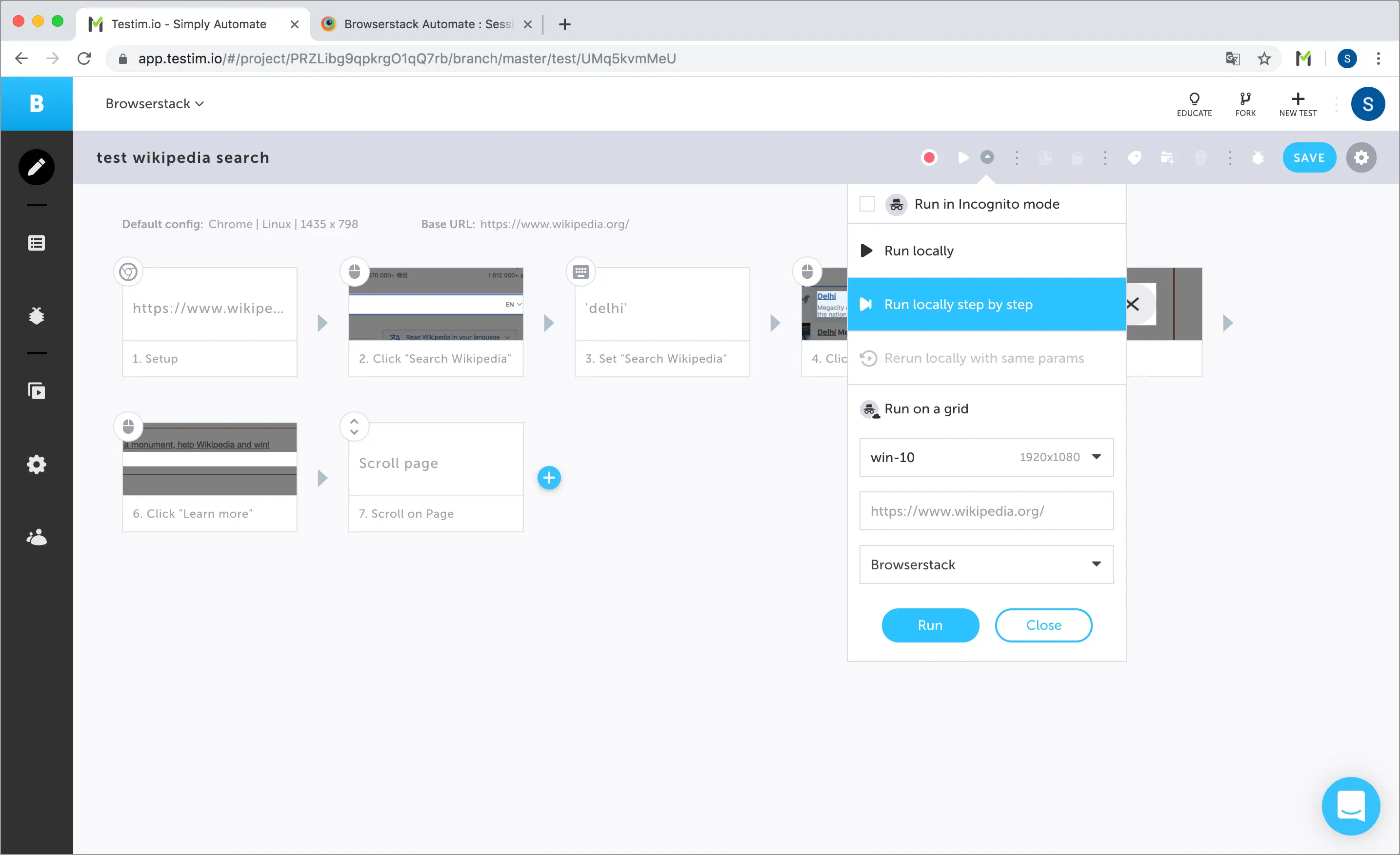 Selecting the configuration and BrowserStack from list of grids